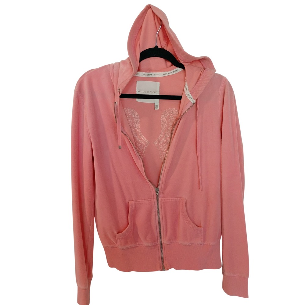 Victoria's Secret Pink Velour Sequin Angel Wing Zip Up Hoodie Jacket Medium